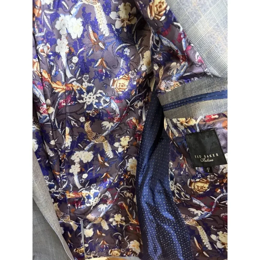 Ted Baker London Mens Blazer 42R Blue Glen Plaid Floral Lined Sport Coat